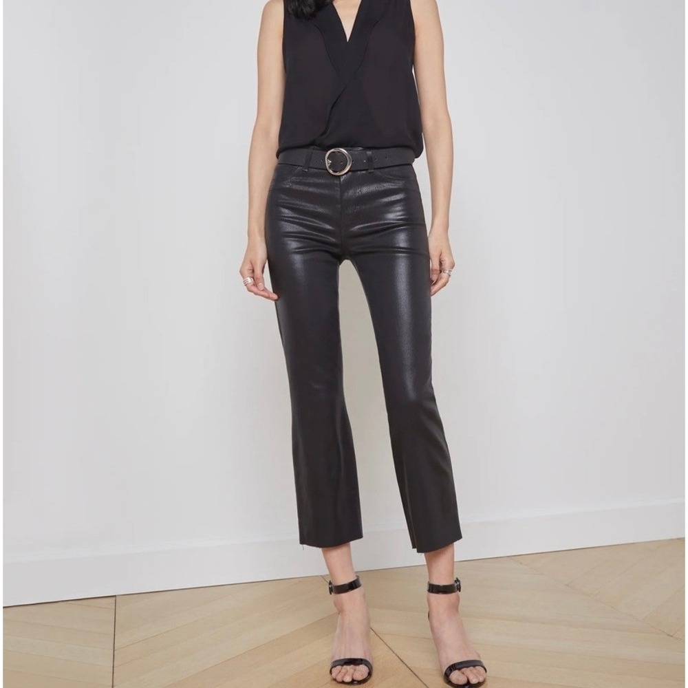 L'Agence Kendra Cropped Flare High Rise Noir Coated Black Jeans 25